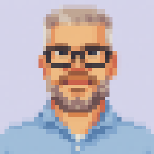 Pixel portrait of a man with gray hair, glasses, and a light blue shirt.